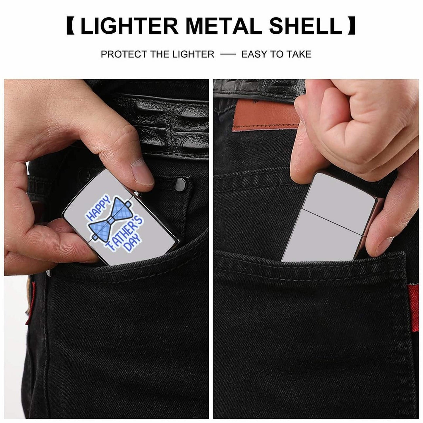 Custom Photo Lighter fits easily in a pocket. Durable metal shell and portable for daily use.