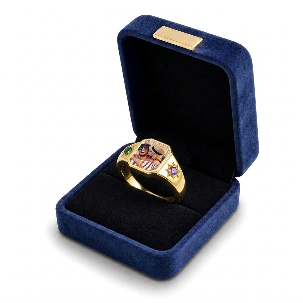 Custom photo signet ring with two birthstone accents gift bo