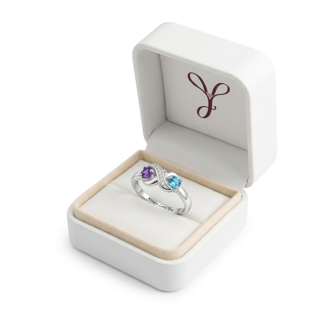 Custom photo signet ring with two birthstone accents gift bo