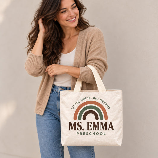 Custom Teacher Gift Bag - Personalized Name Preschool Rainbow Tote Bag, Lightweight Durable Reusable Paper-Like Bag - custom design detail