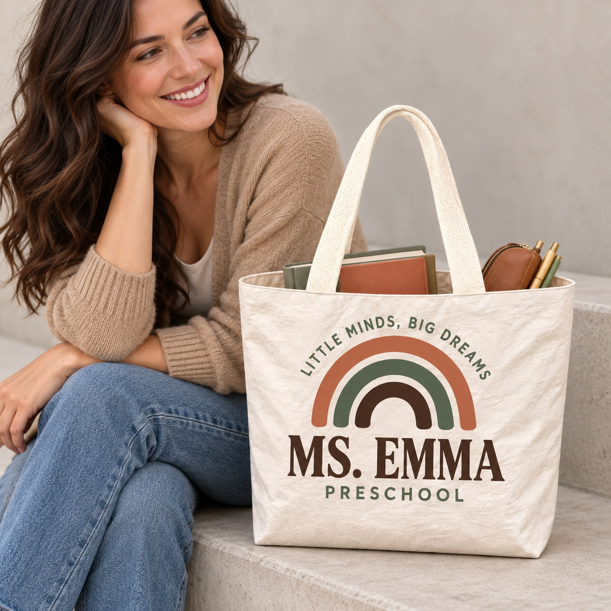 Custom Teacher Gift Bag - Personalized Name Preschool Rainbow Tote Bag, Lightweight Durable Reusable Paper-Like Bag - open interior canvas lining view