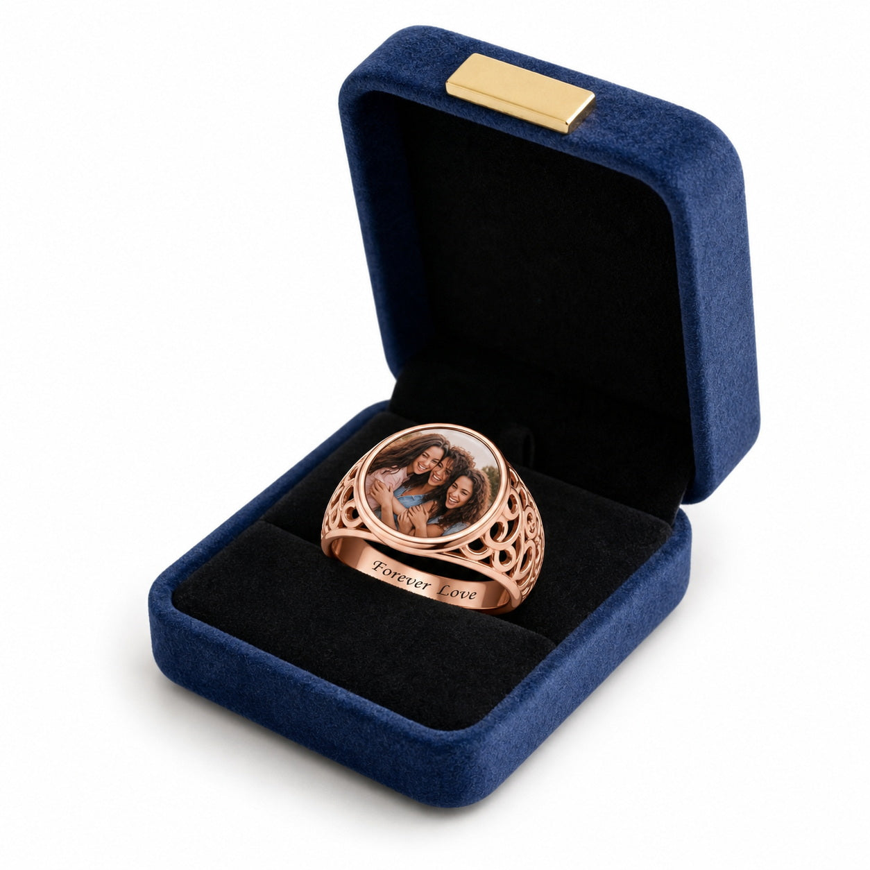 Custom round photo filigree signet ring gift box view