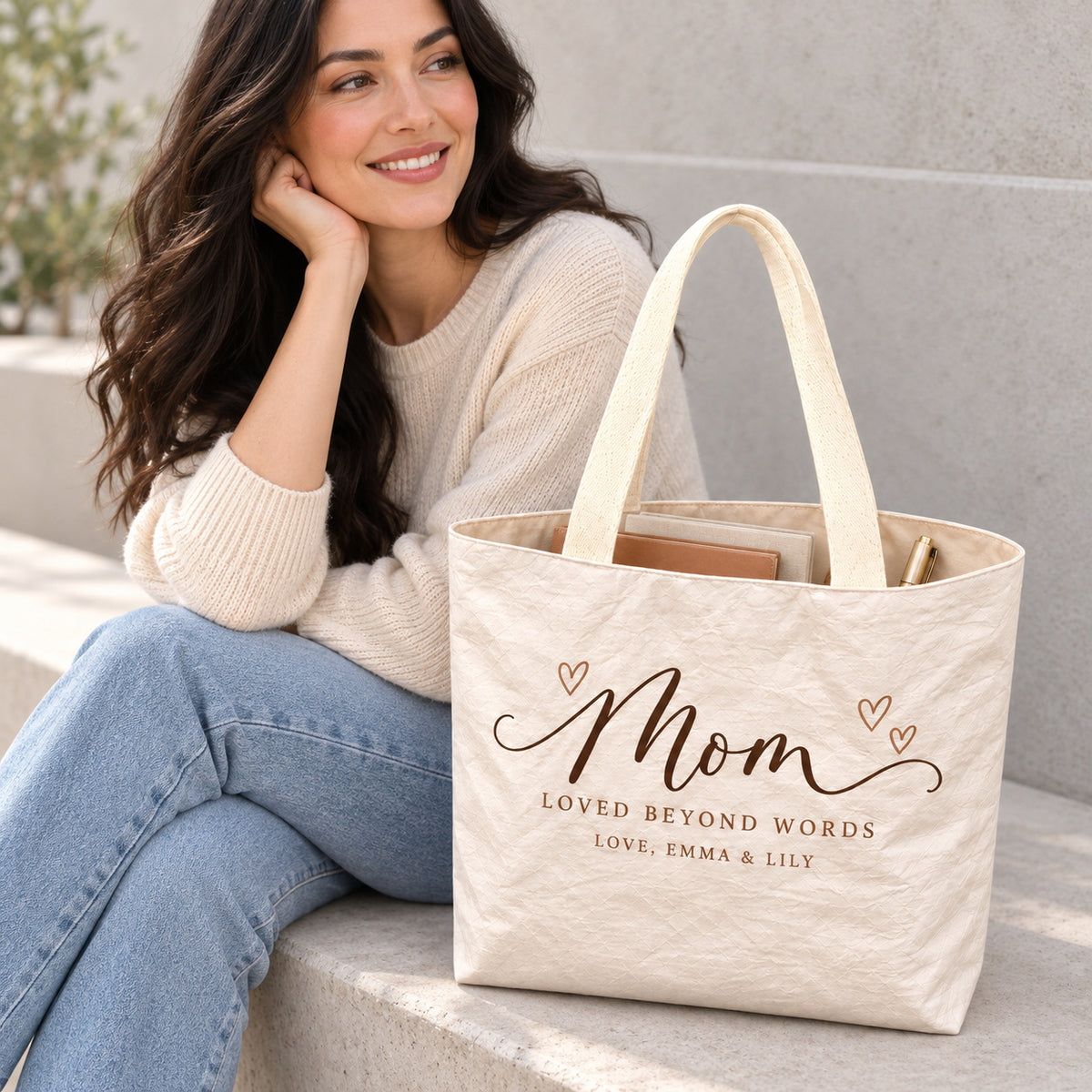 Personalized Script Mom Hearts Tote Bag with Names - open interior single compartment view
