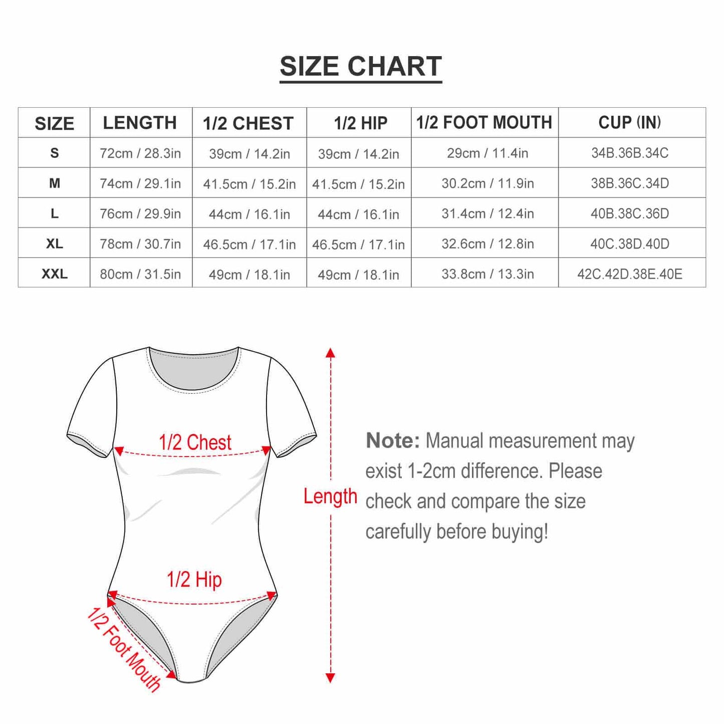 Custom short sleeve bodysuit size chart. Measurements for length, chest, and hip.