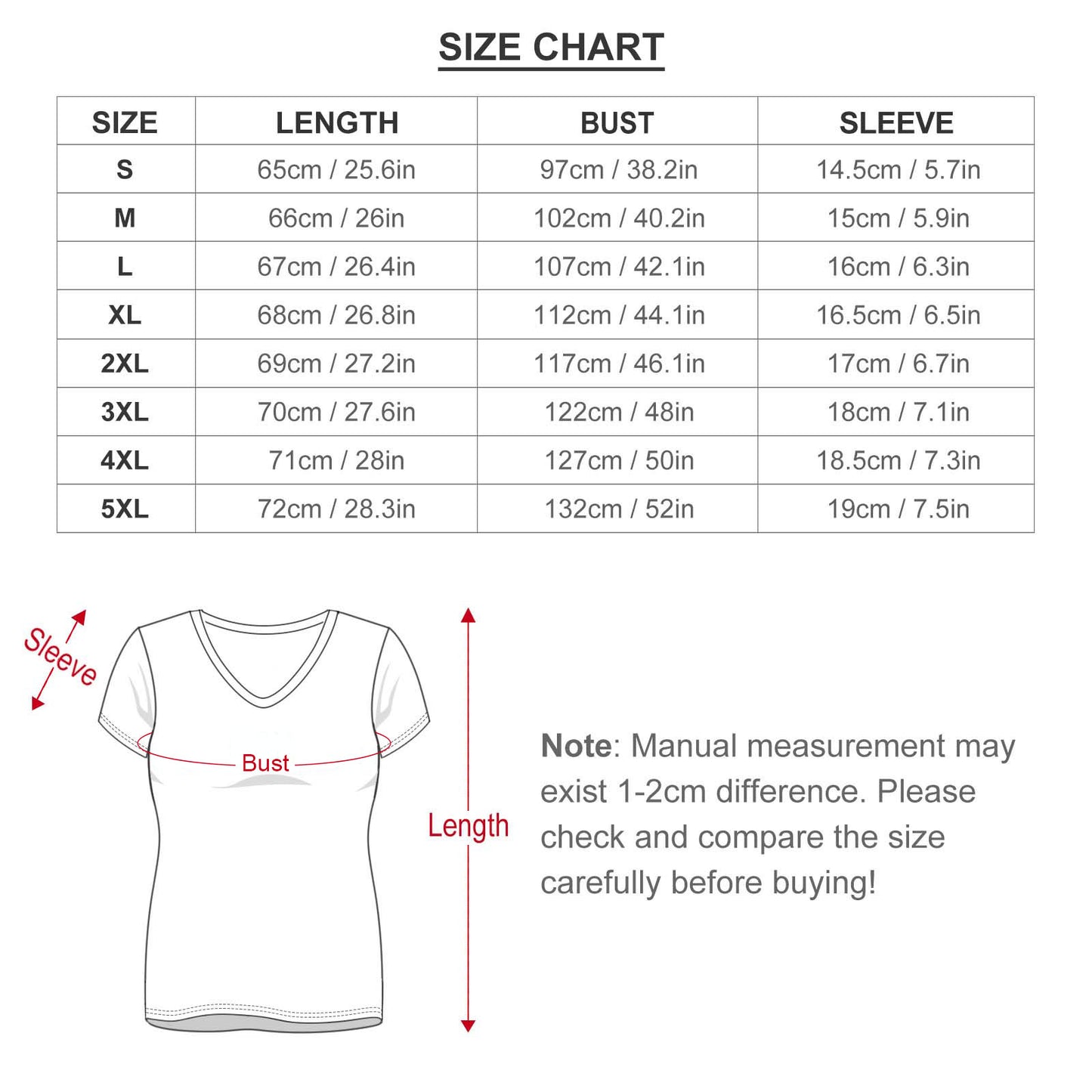 Custom Summer Tops Size Chart for Women's Basic Tees, available from S to 5XL.