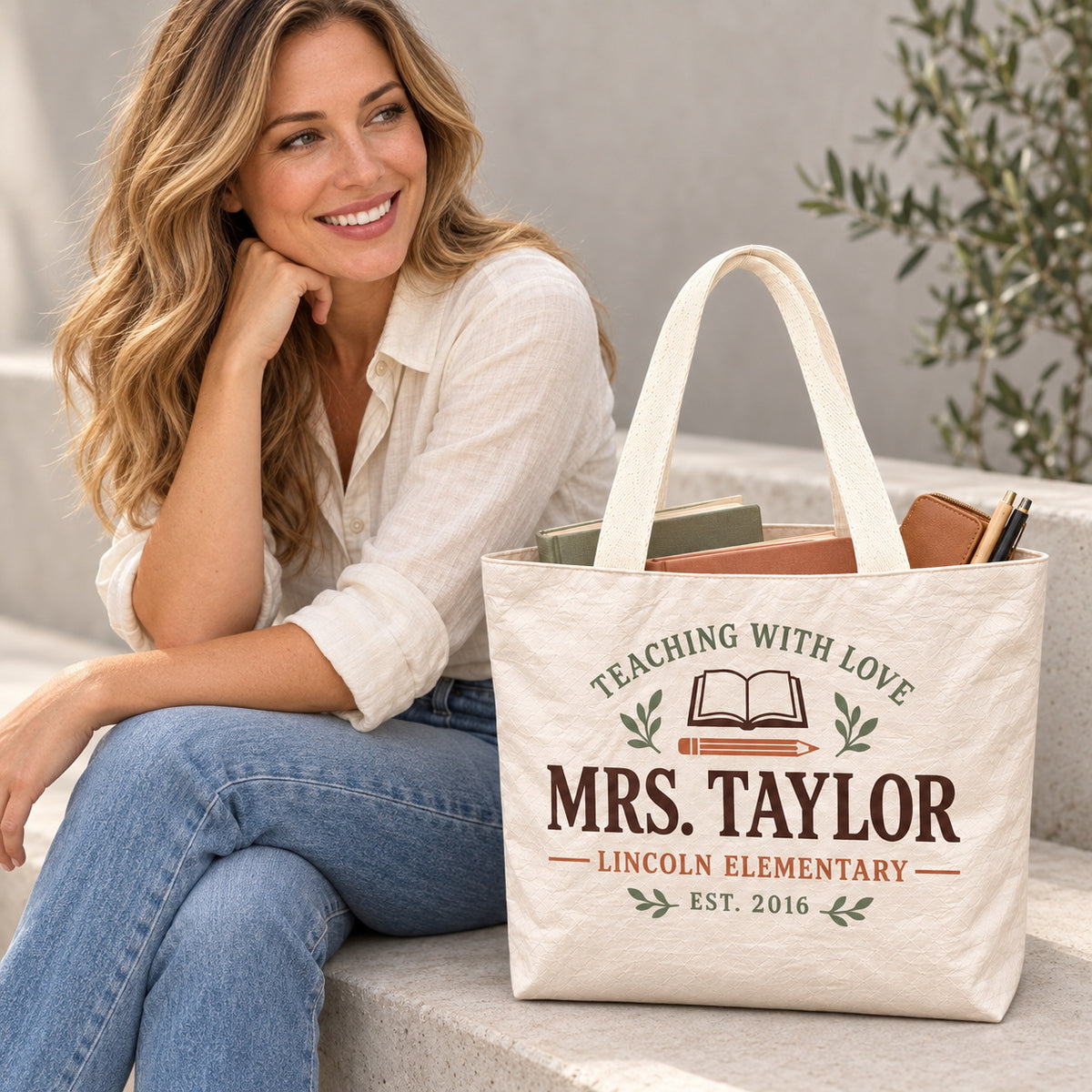Custom School Teacher Tote Bag - Personalized Name & School Est Year Book Pencil Bag, Lightweight Durable Reusable Paper-Like Bag - open interior canvas lining view