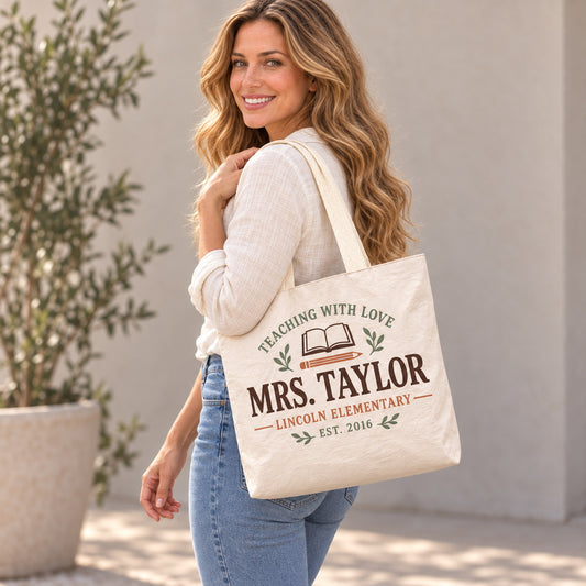 Custom School Teacher Tote Bag - Personalized Name & School Est Year Book Pencil Bag, Lightweight Durable Reusable Paper-Like Bag - shoulder carry classroom outfit view