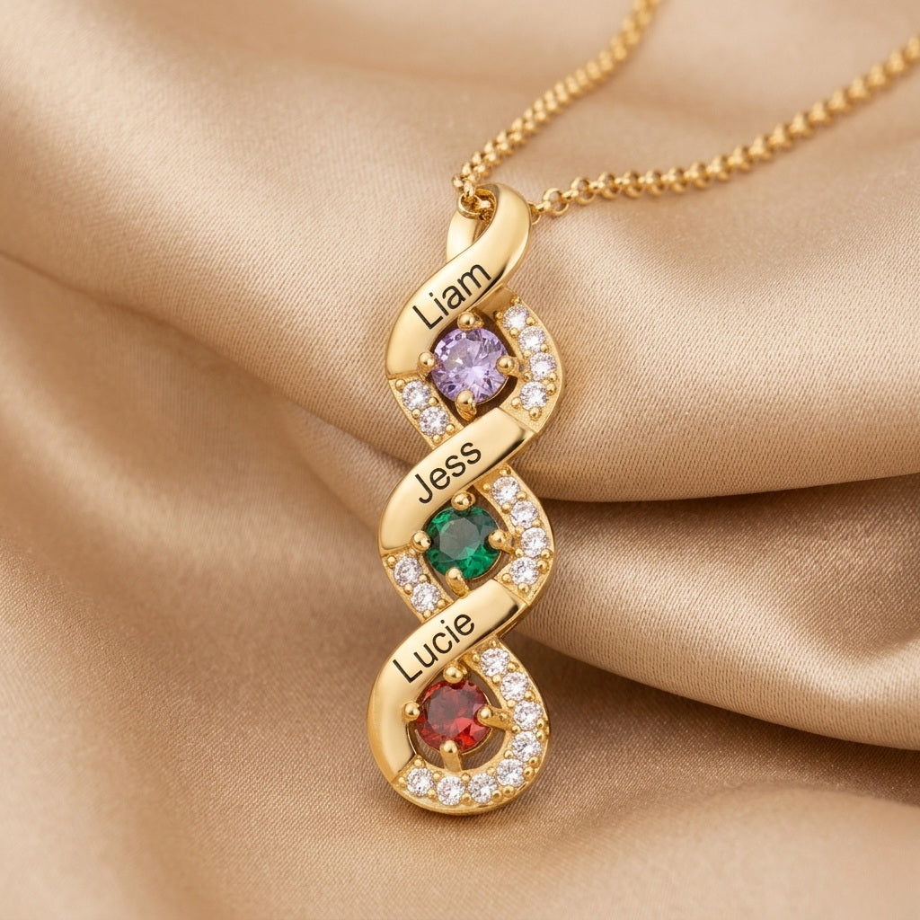 Gold three-name birthstone necklace close-up