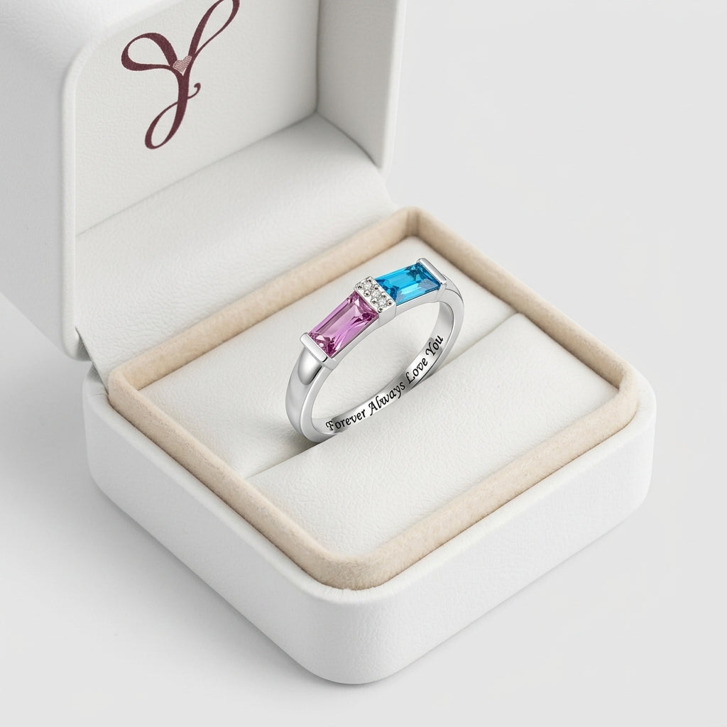 Custom two baguette birthstone geometric band ring gift box