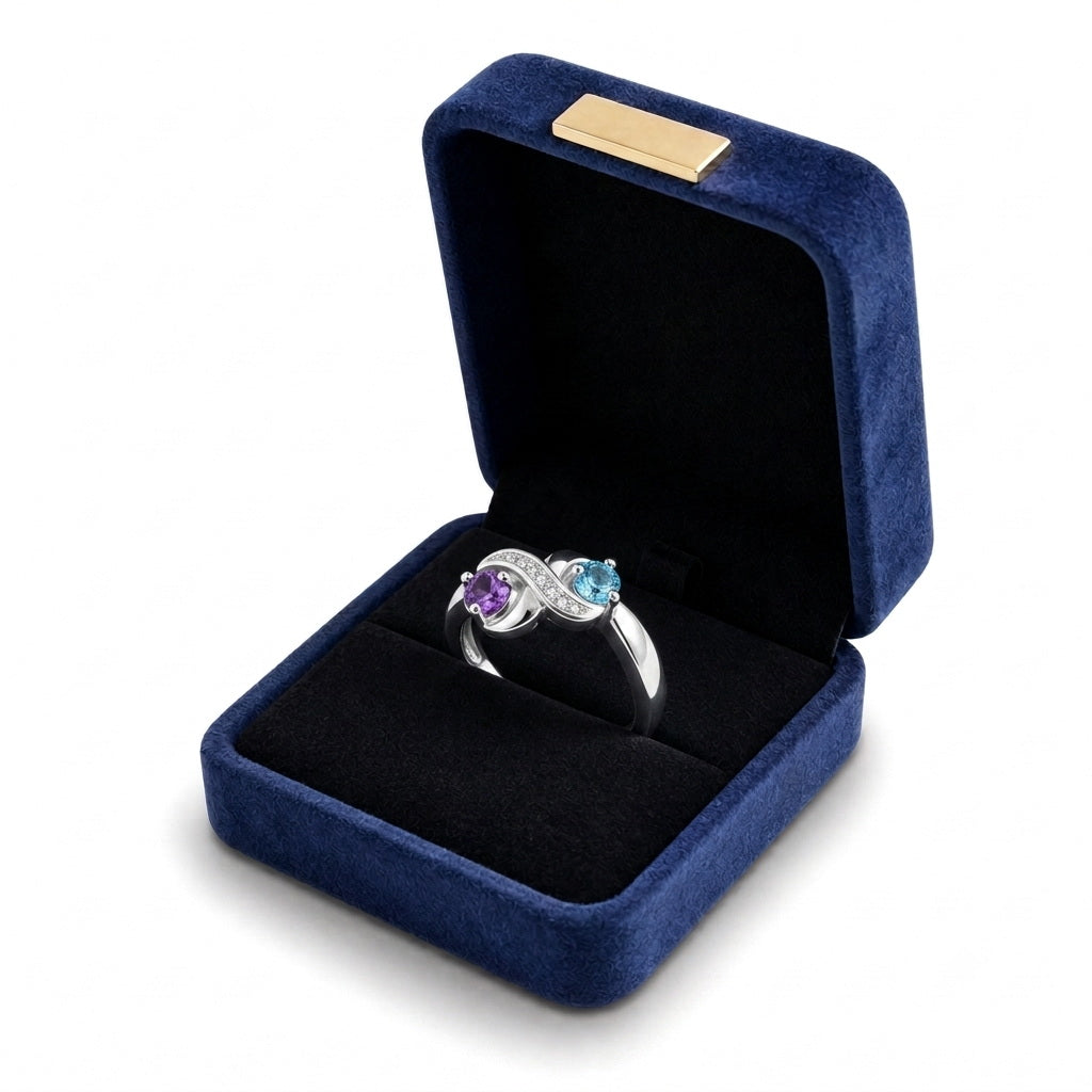 Custom two birthstone swirl engraved name ring gift box view