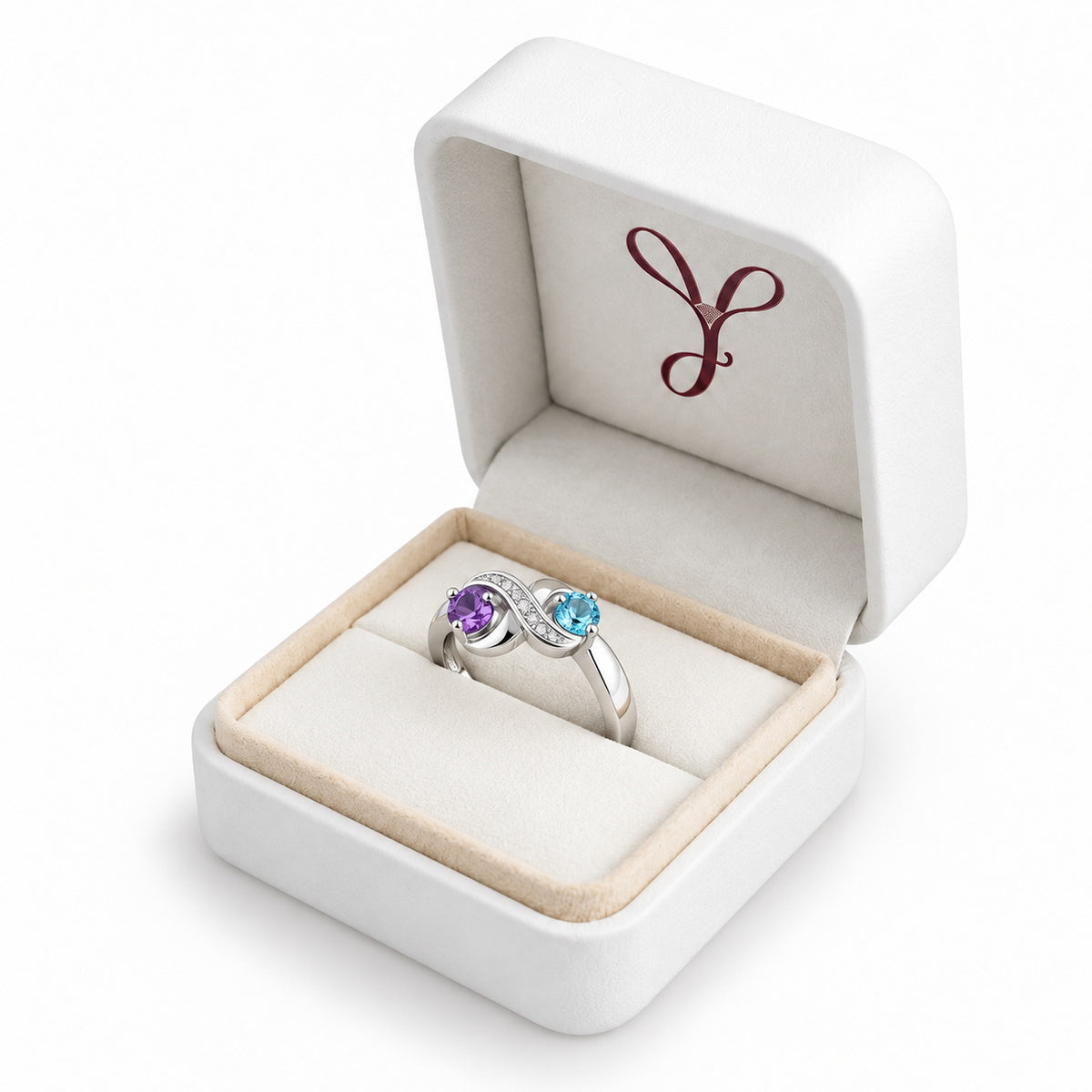 Custom two birthstone swirl engraved name ring gift box view