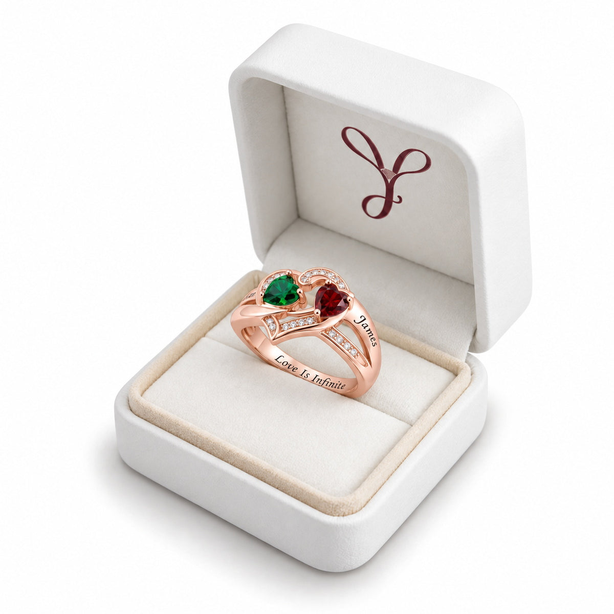Custom two heart birthstone infinity ring gift box view