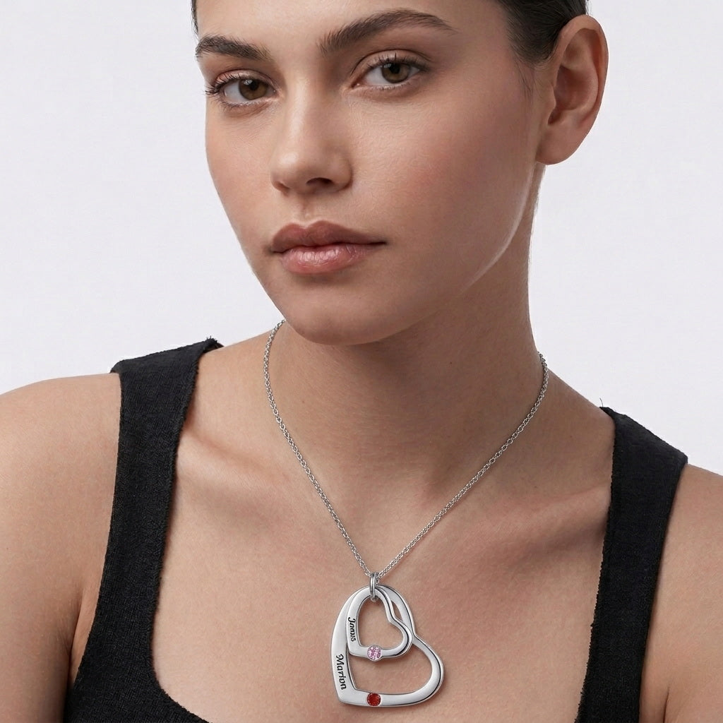 Custom Name Birthstone Intertwined Heart Silver Necklace Elegant Women Daily Wear Jewelry