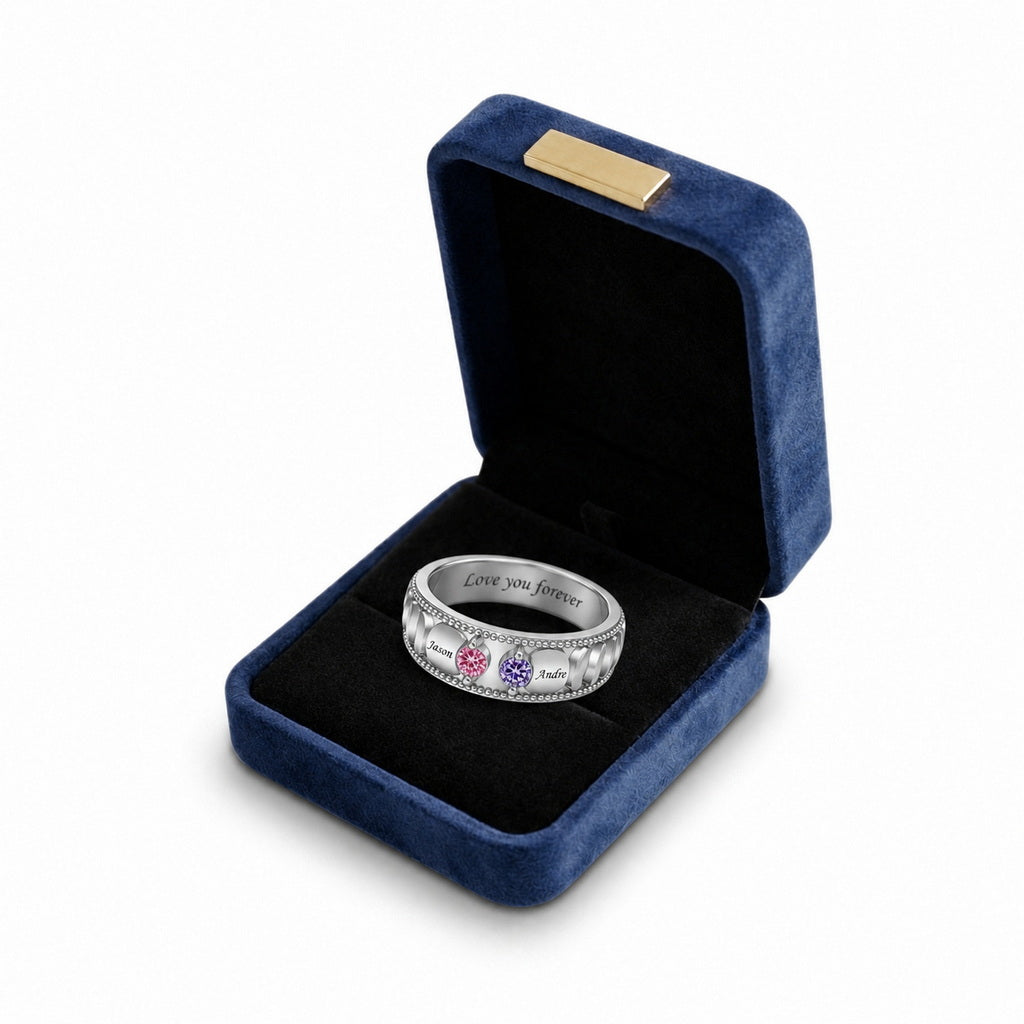 Custom family birthstone name band ring boxed jewelry view