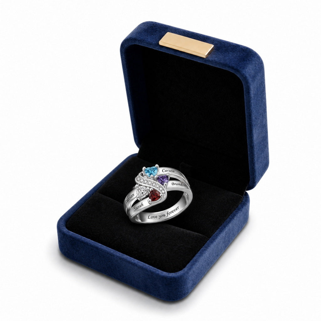 Custom family ribbon birthstone ring boxed jewelry view