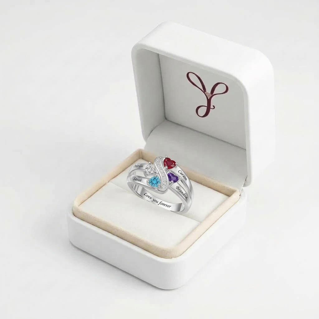 Custom family ribbon birthstone ring boxed jewelry view