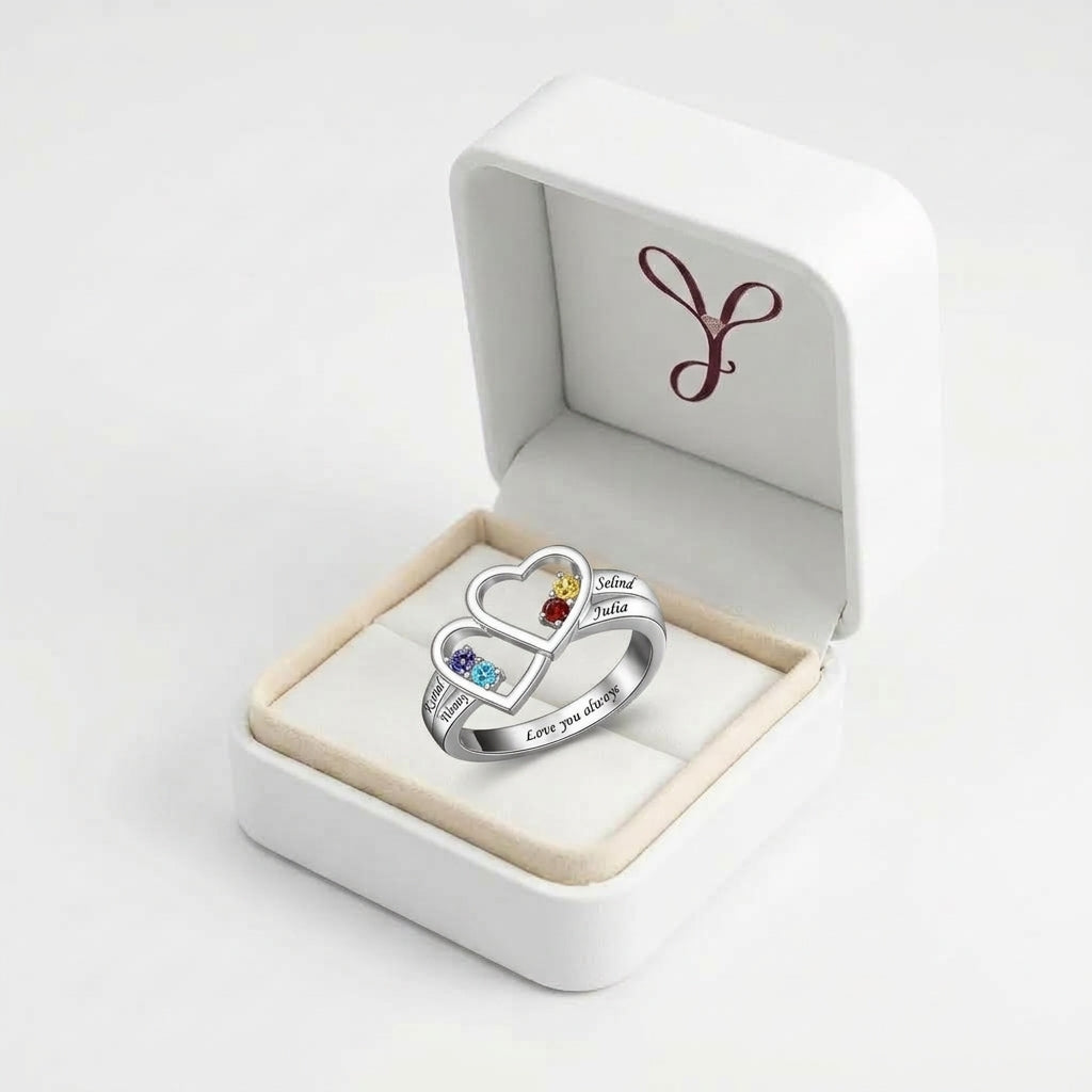 Custom two heart family name ring boxed jewelry view