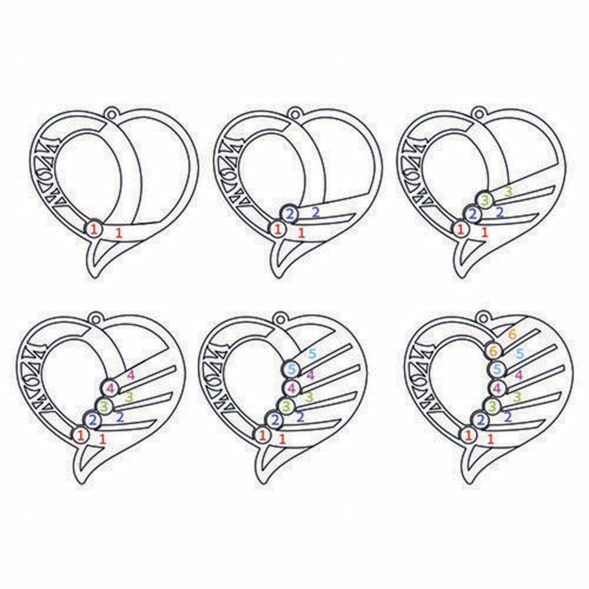 Customization options for heart-shaped family name birthstone necklace (1 to 6 names/stones).