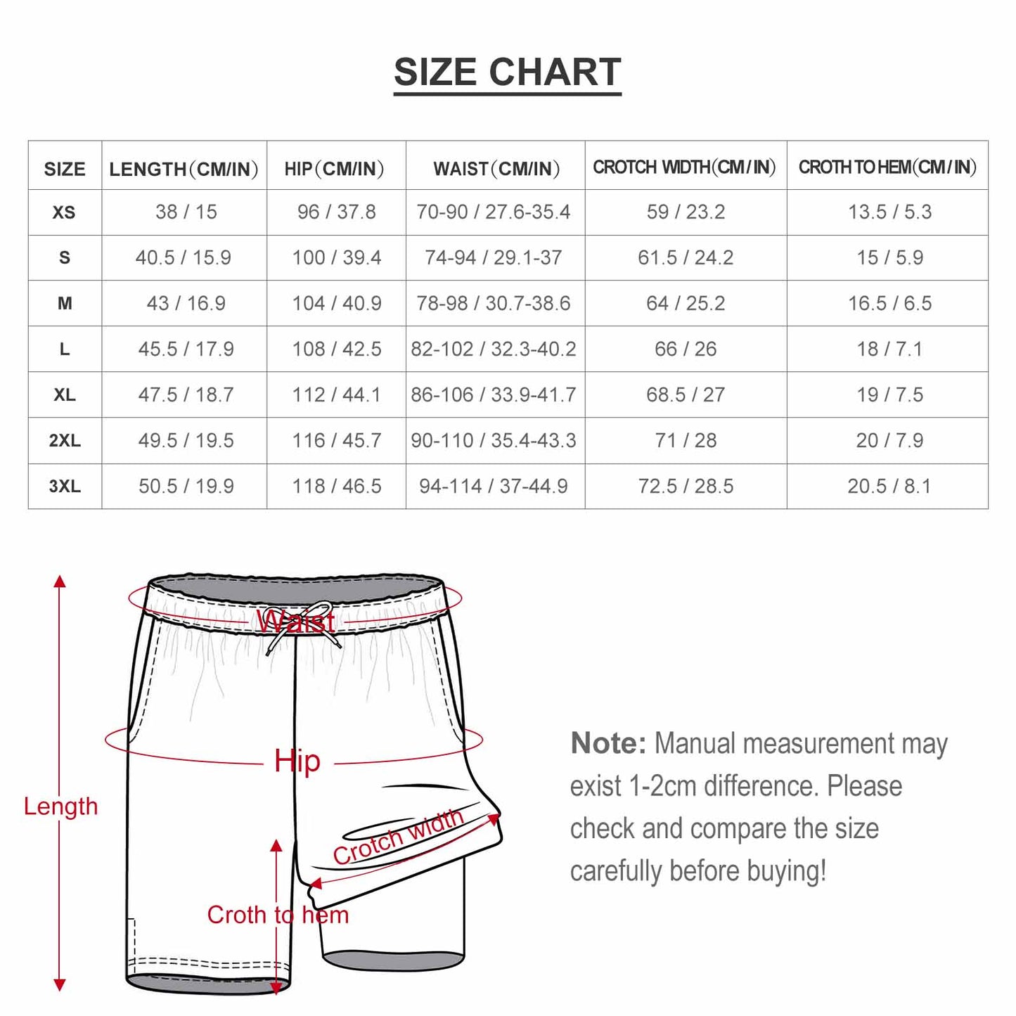 Design Your Own Beach Shorts showing Sizing.