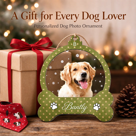 Personalized Dog Photo Christmas Ornament with Custom Name - centerpiece display