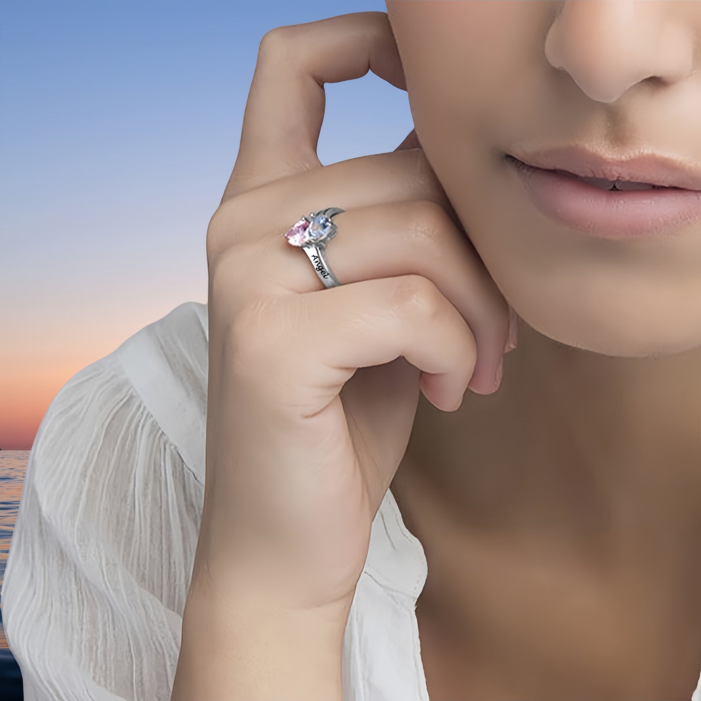 Personalized 925 Sterling Silver Ring Heart Shaped Birthstone Ring with Engraved Names for Woman Custom Gift Jewelry for Mother for Her