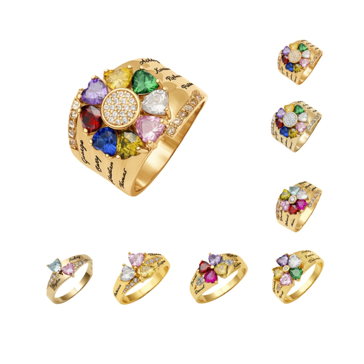 Personalized Sterling Silver Mother's Ring - Custom Heart Birthstones & Names Family Jewelry Gift