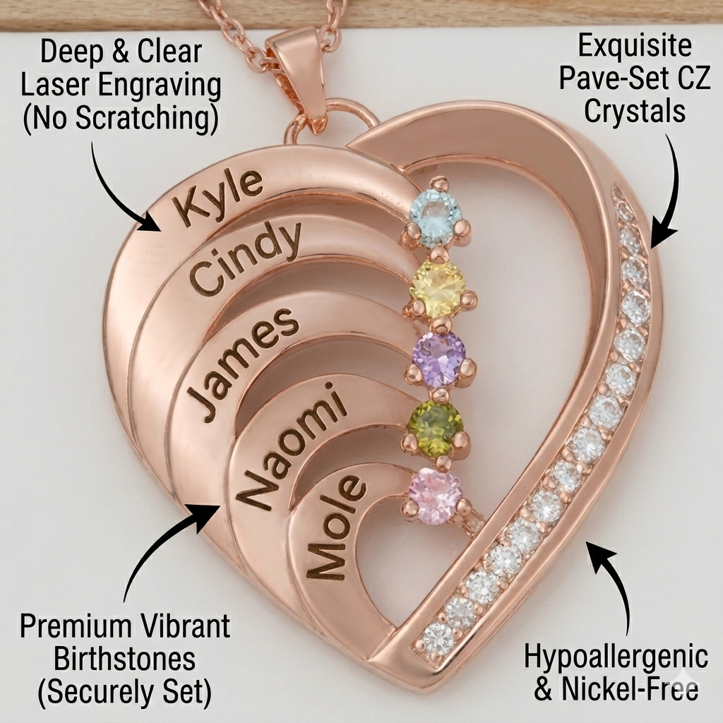 Diagram of necklace features like engraving and birthstones.