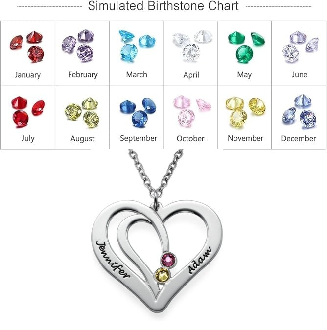 Collier personnalisé en forme de cœur pour couple avec 2 pierres de naissance et 2 prénoms pour femme - Cadeau personnalisé pour maman - Pendentif en argent 925