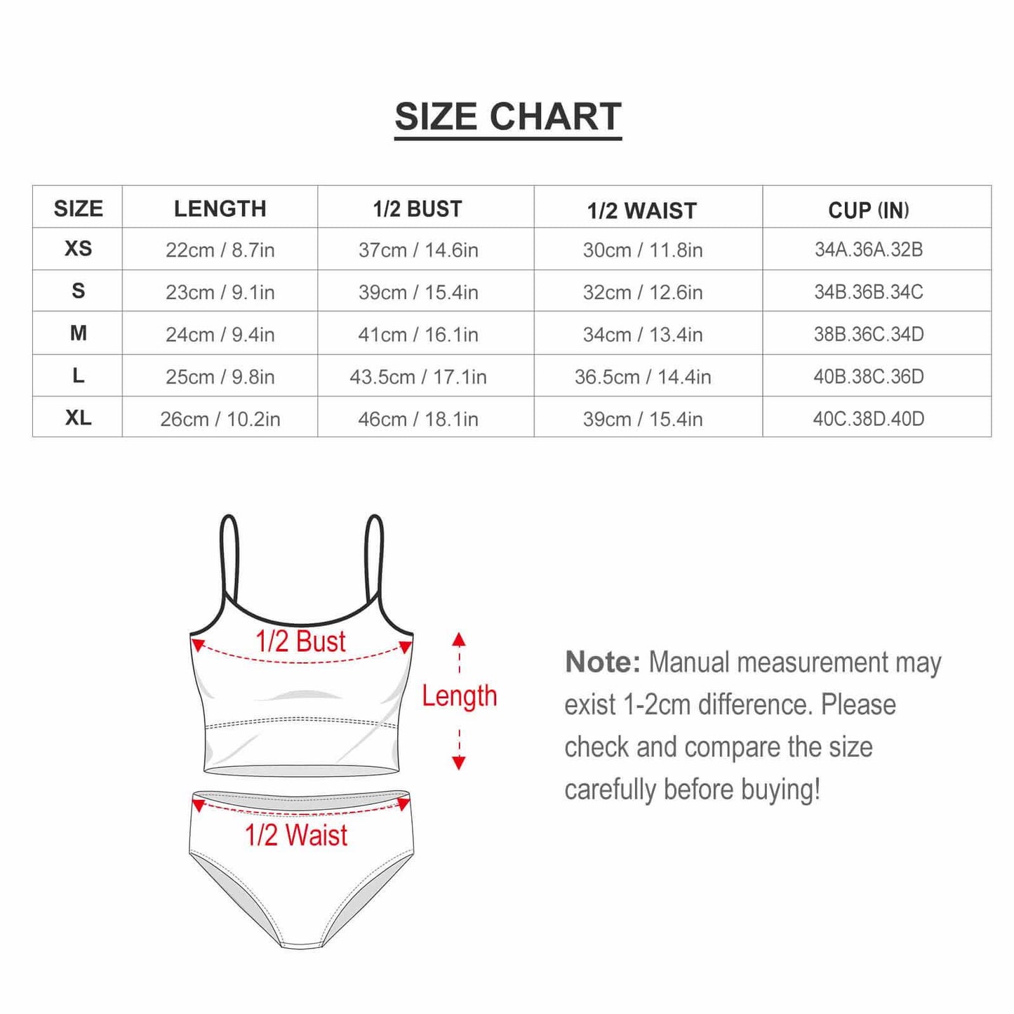 High Waisted Bikini Size Chart. Measurements guide for top length, bust, and bottom hem for a perfect fit.