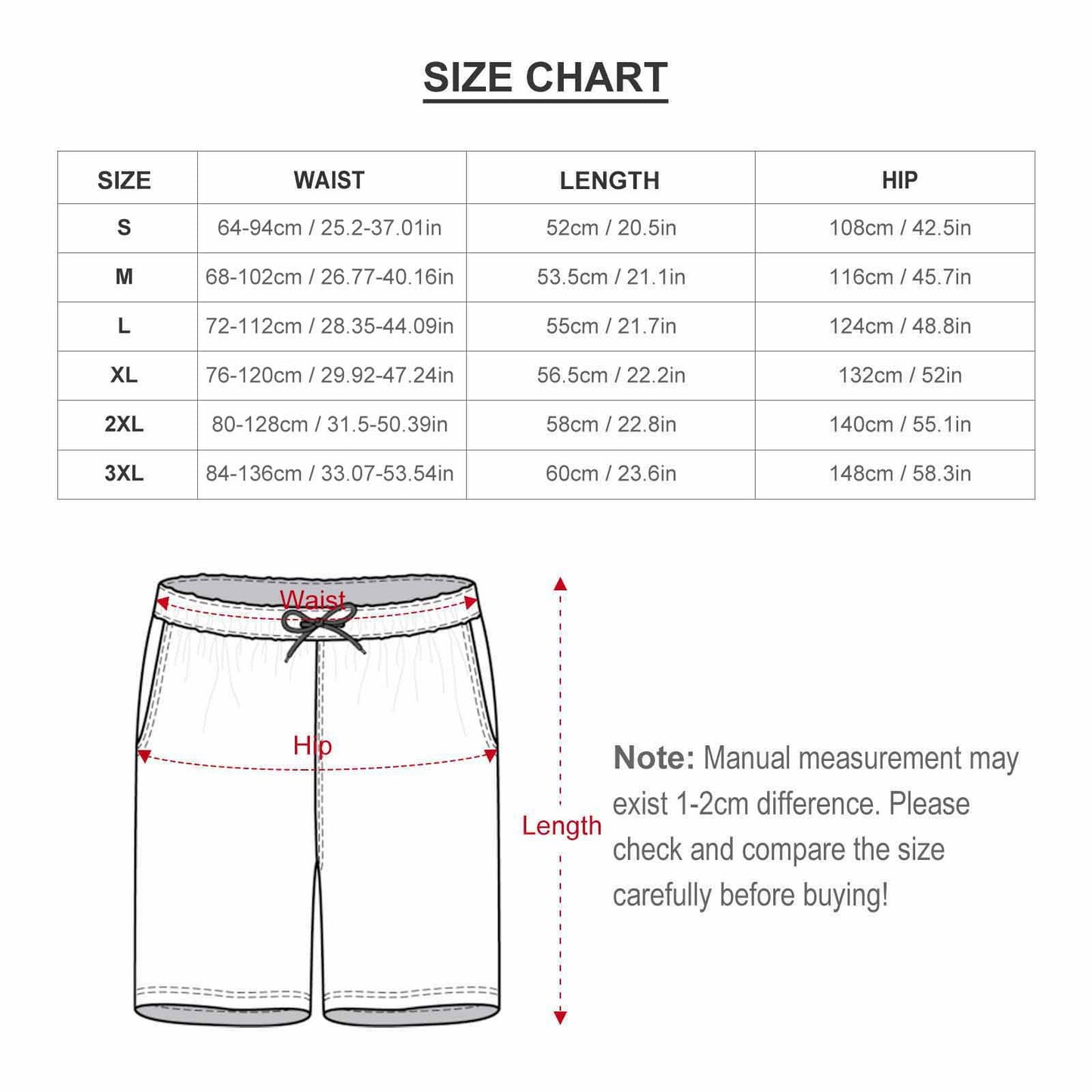 Men's swim trunks size chart. Dimensions for waist, length, and hip in cm/inches.