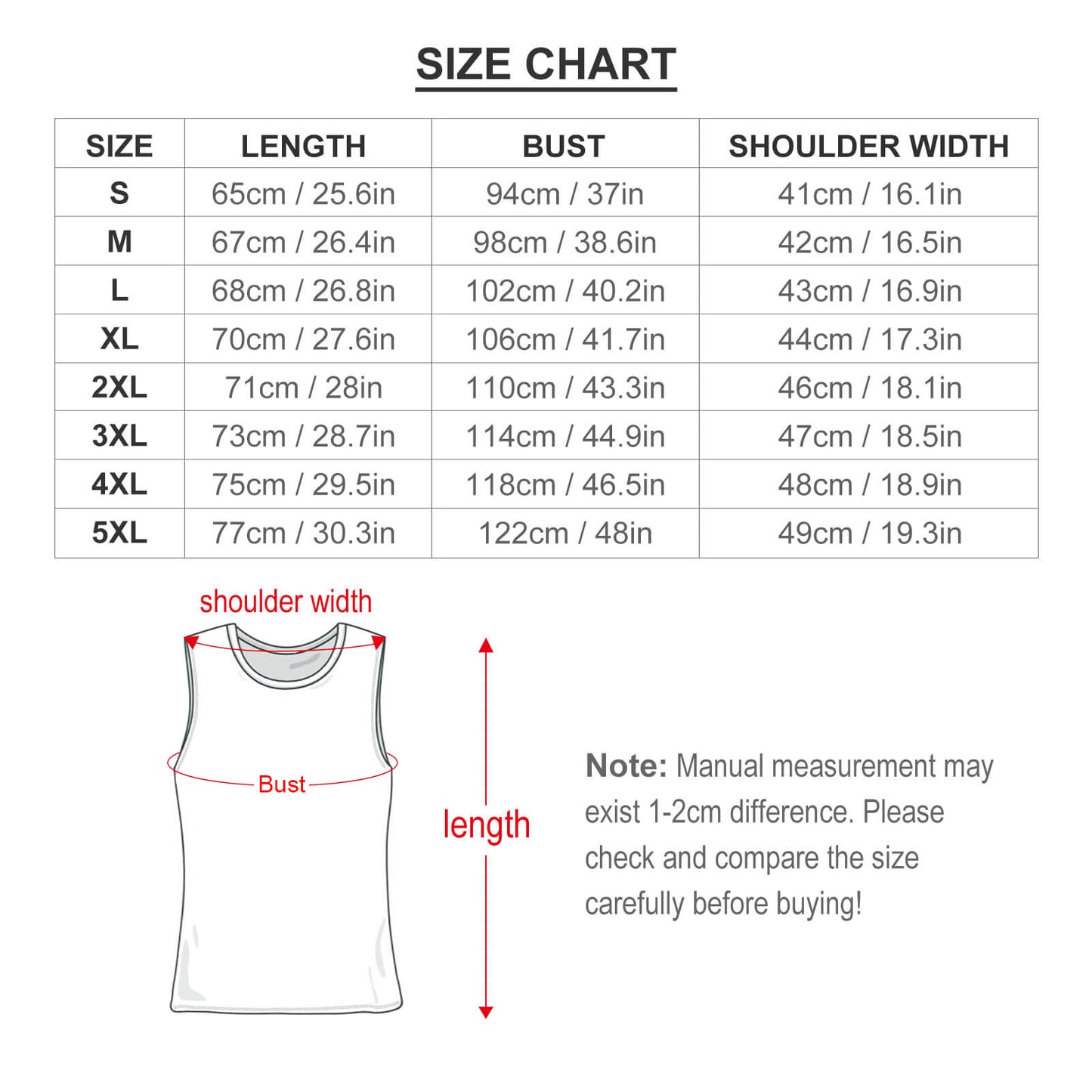 Size Chart for Men's Cotton Sleeveless Muscle Shirts and Gym Fitness Tank Tops.