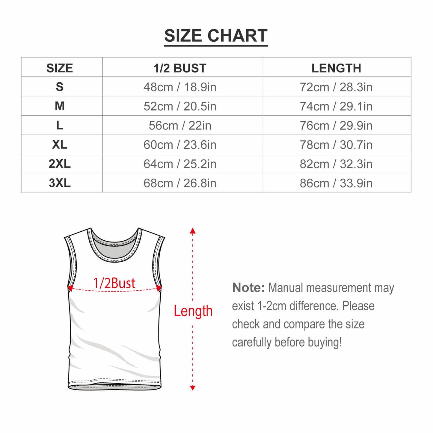 Mens Sleeveless Shirt Size Chart Measurements Bust Length.