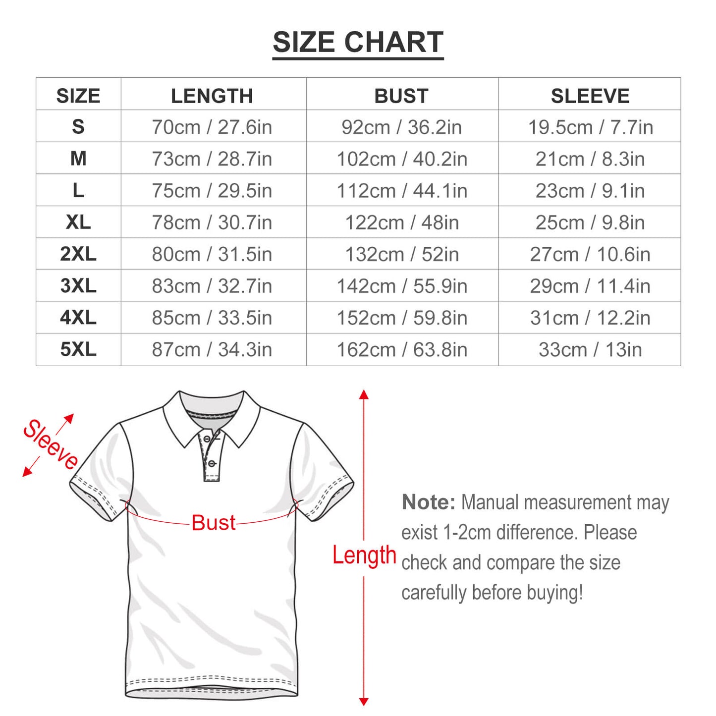 Size chart for Men's Slim Fit Short Sleeve Floral Polo Shirts (S-5XL).