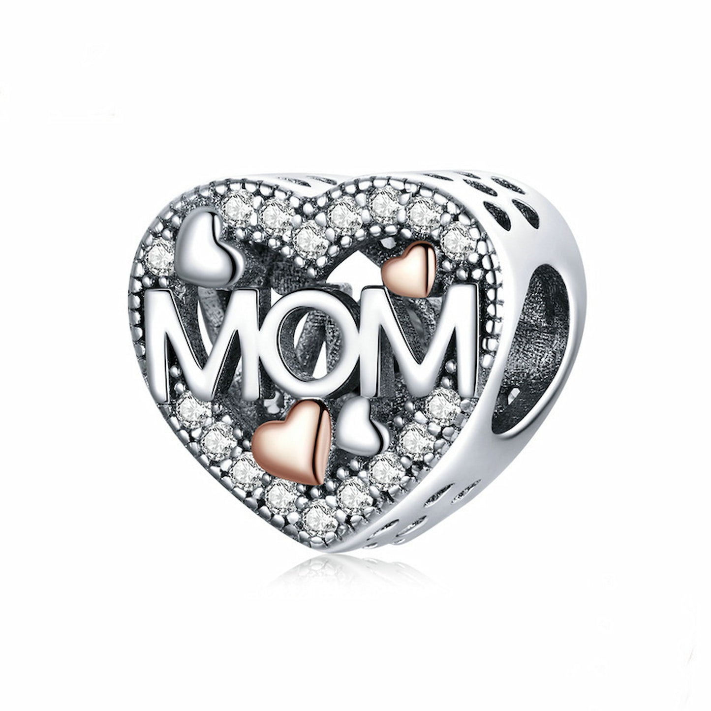 MOM heart charm with rose gold accent; 925 sterling silver mother's day gift.