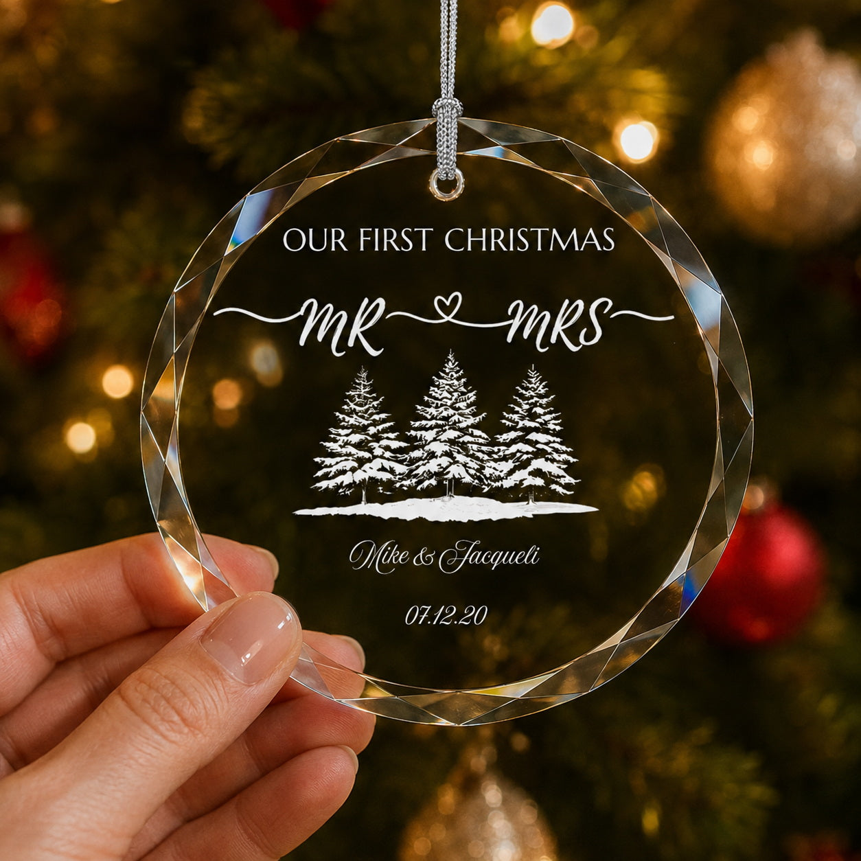 Our First Christmas Mr & Mrs Forest Design personalized glass ornament Christmas tree display
