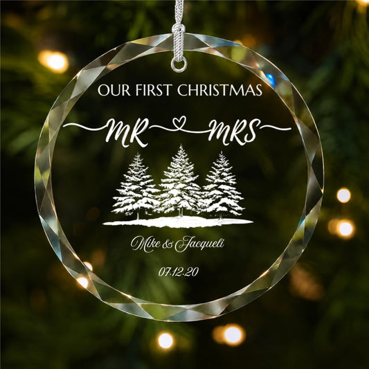 Our First Christmas Mr & Mrs Forest Design personalized glass ornament personalized detail view