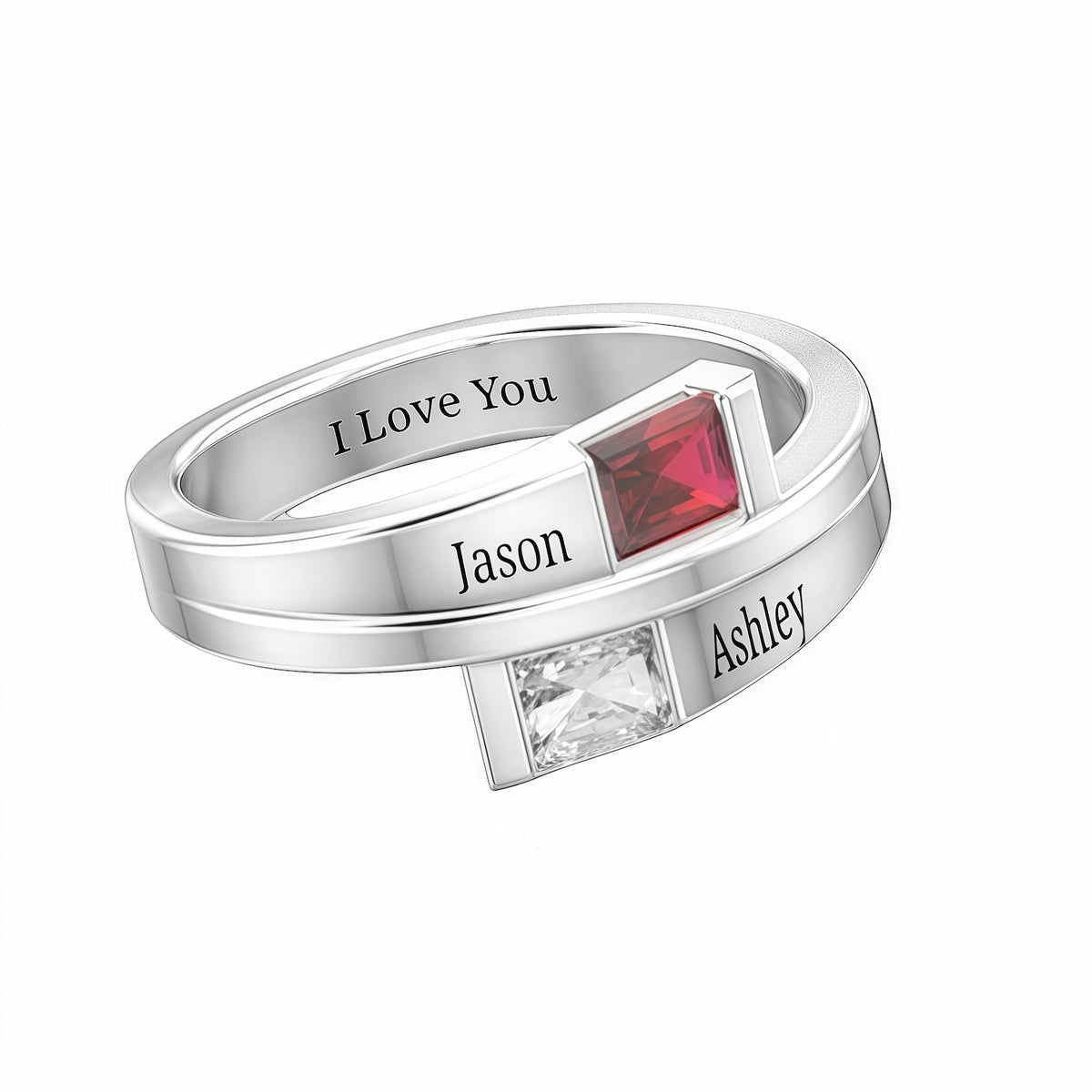 Women's custom 925 silver promise ring with 2 names and two baguette cut birthstones.