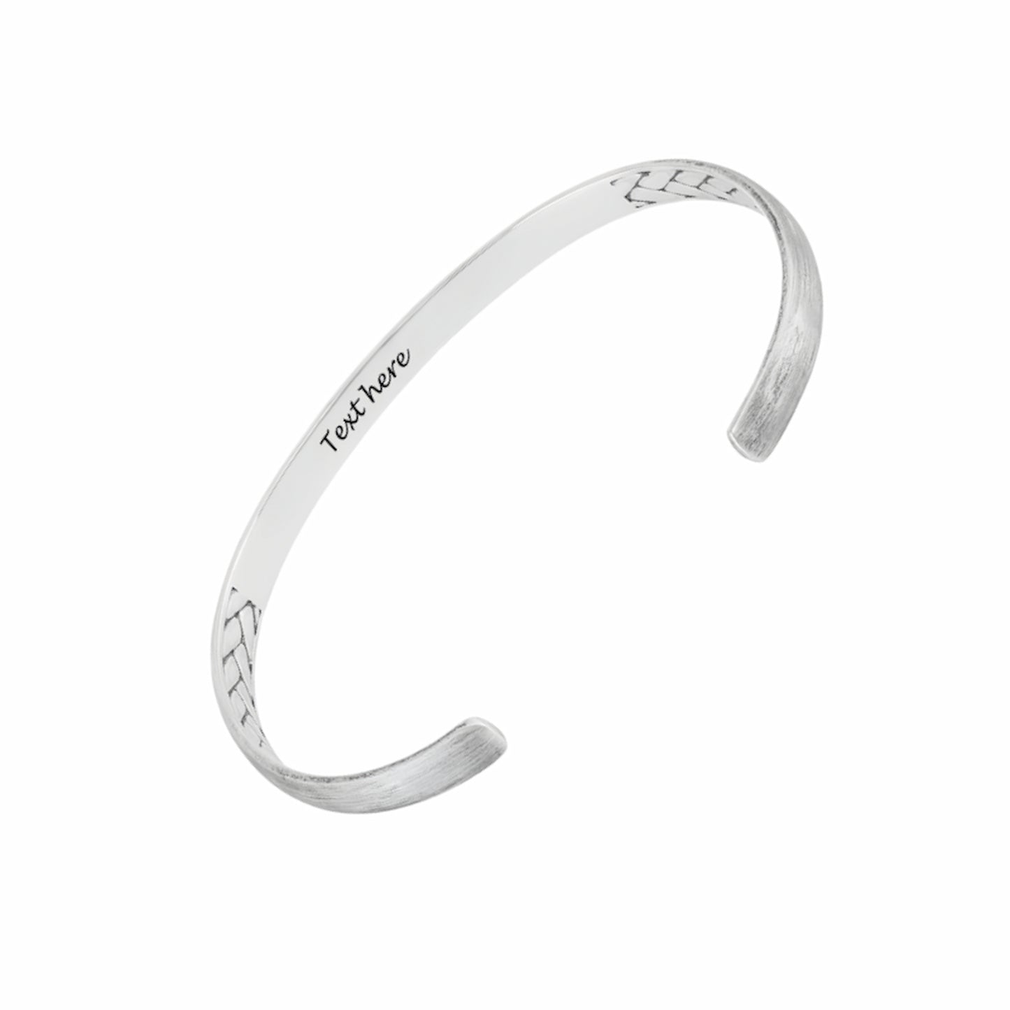 Personalized braided cuff bangle for men. Sterling silver engraved text, open design.
