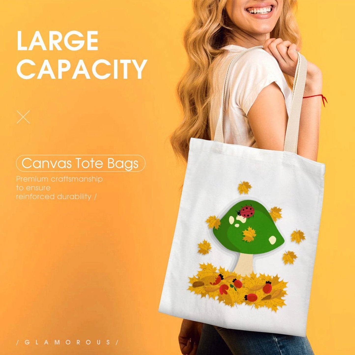 Woman carrying personalized canvas tote bag with custom name print.