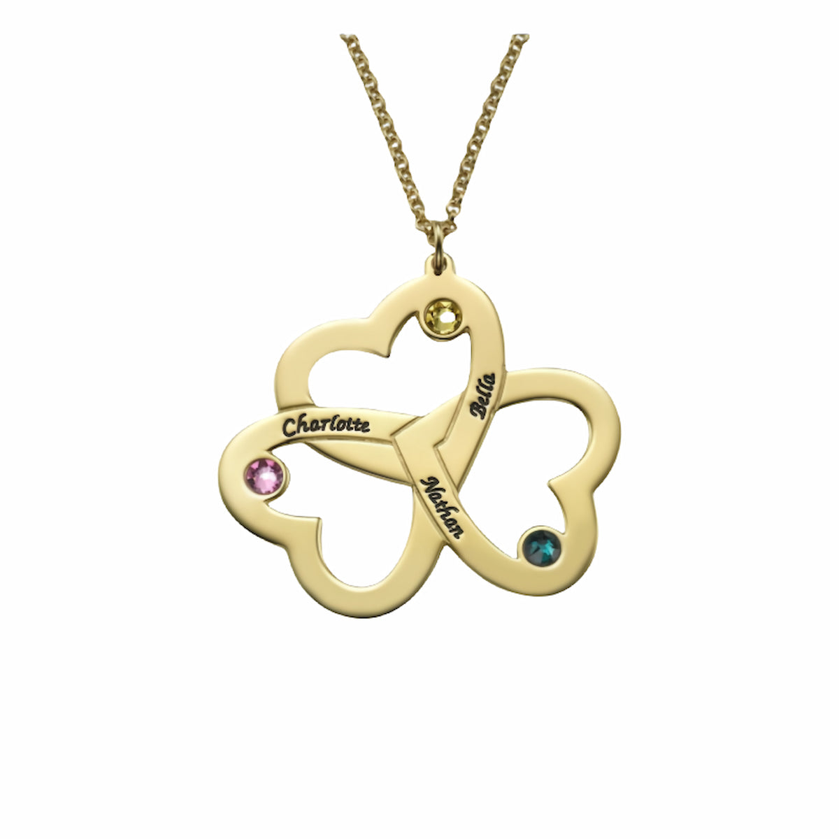 Personalized Engraved Triple Heart Necklace | Custom Birthstone Mother Gift