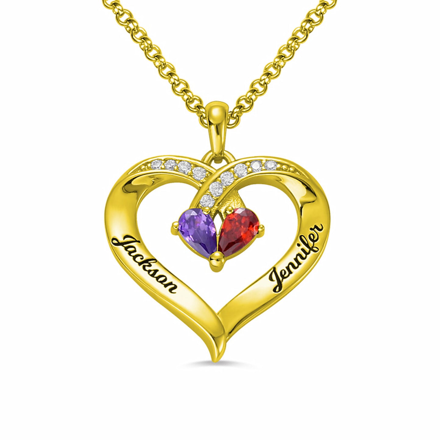 Personalized 2 Birthstones Heart Necklace – Custom 2 Name Promise Gift for Her