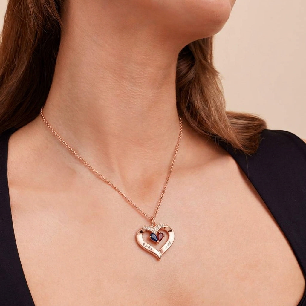 Close-up of a personalized heart birthstone necklace