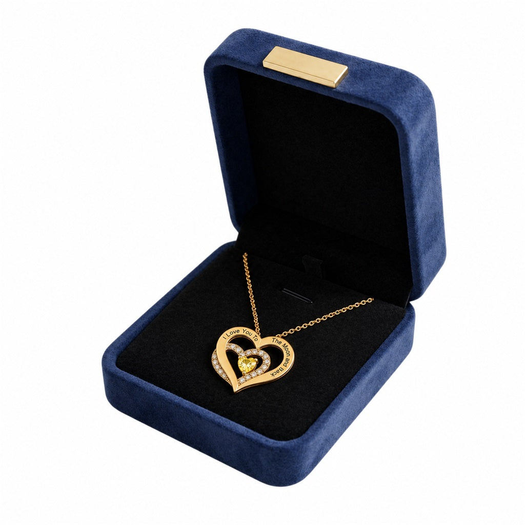 Personalized heart necklace displayed in a gift box