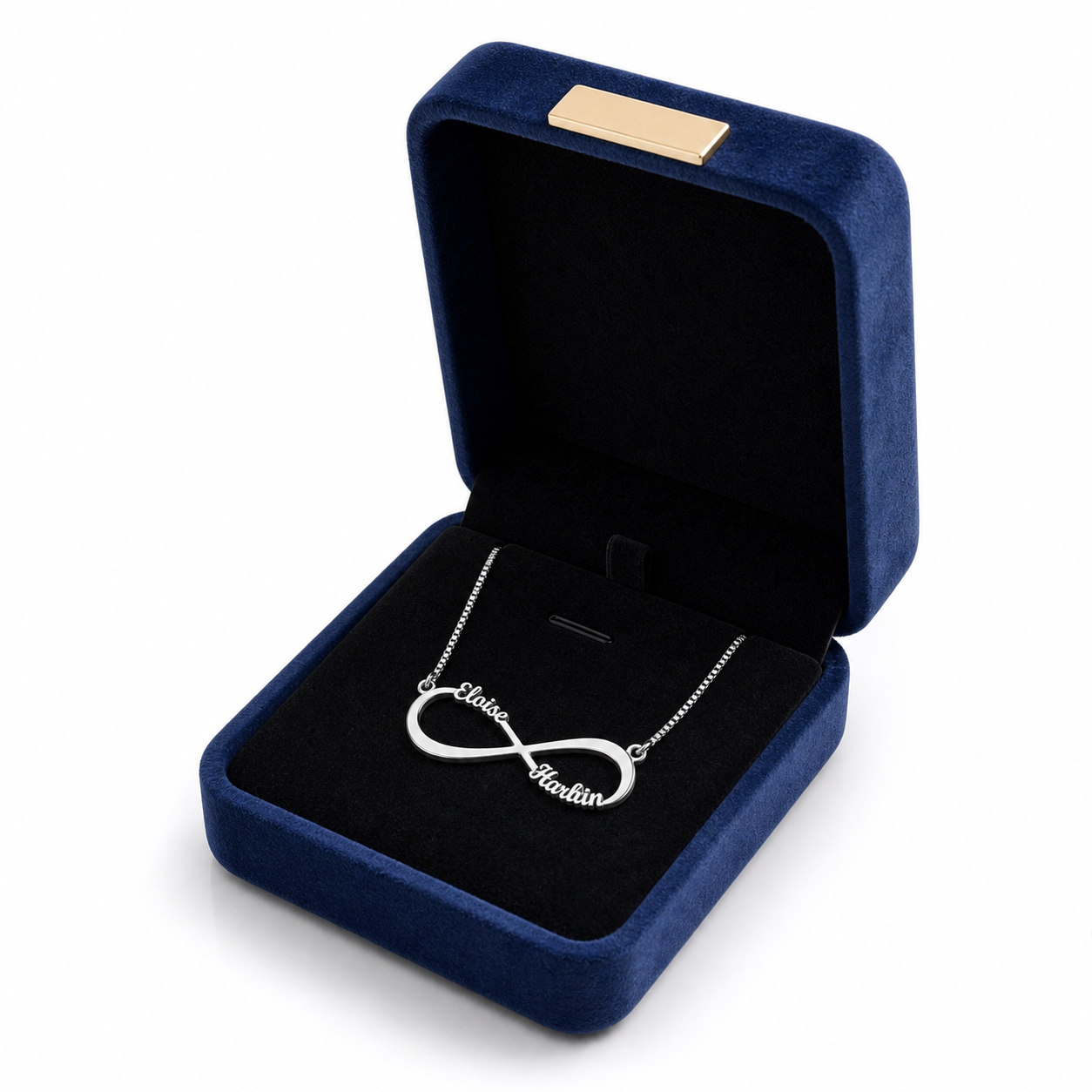 Close-up of silver infinity necklace with custom text.