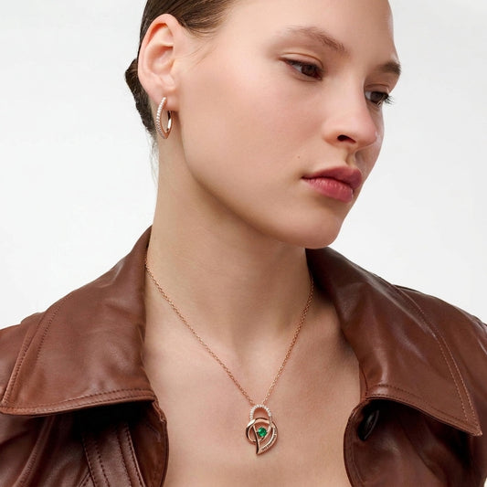 Elegant Women Wearing Personalized Emerald Heart Custom Rose Gold Necklace