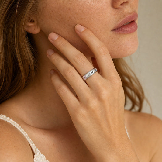 Minimal Name Ring on model view custom jewelry