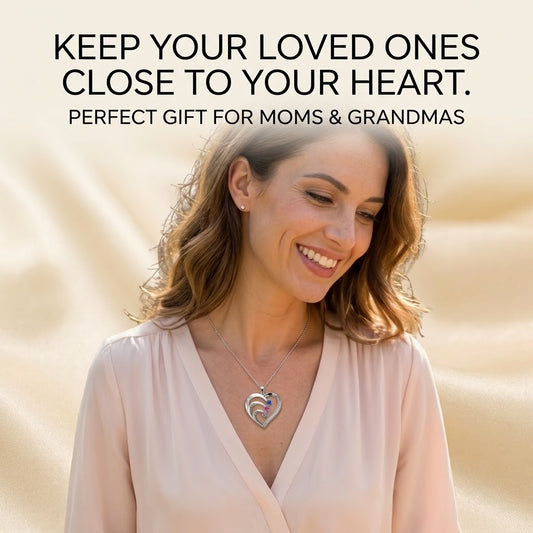 Woman wearing a personalized heart necklace with a child.