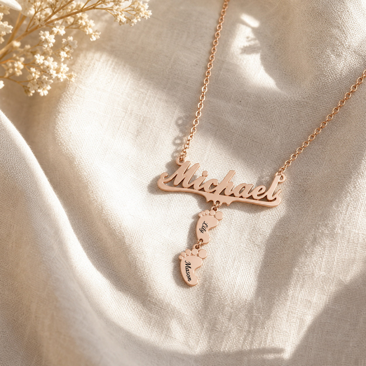 Name baby feet necklace on silk