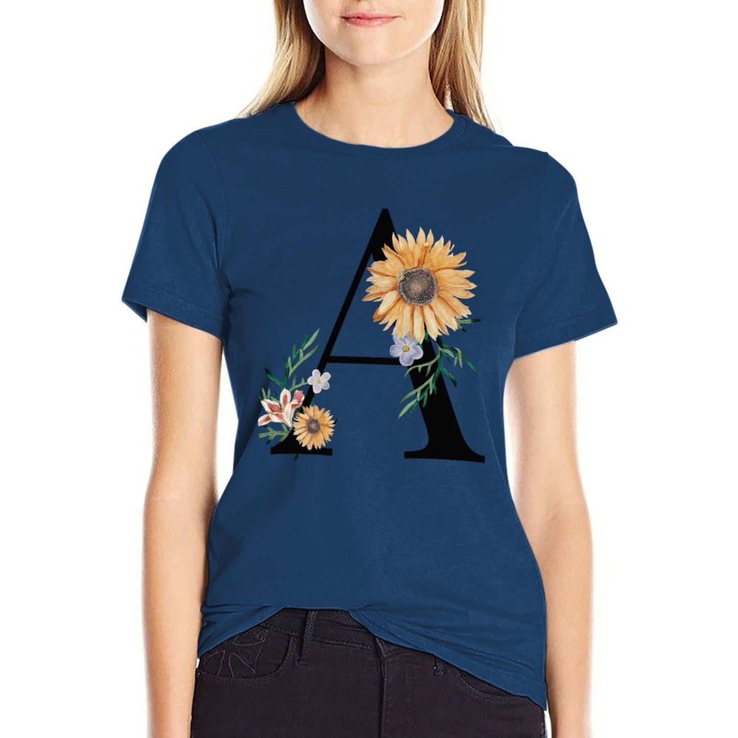 Personalized Navy T-Shirt Women model front. Custom Design Cotton Tee.