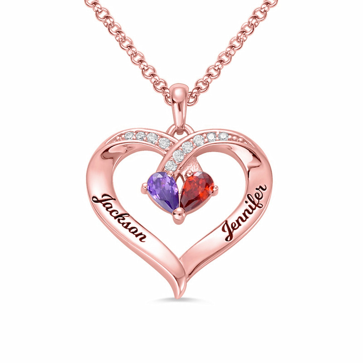 Collier cœur personnalisé avec 2 pierres de naissance – Cadeau prometteur personnalisé avec 2 prénoms pour elle